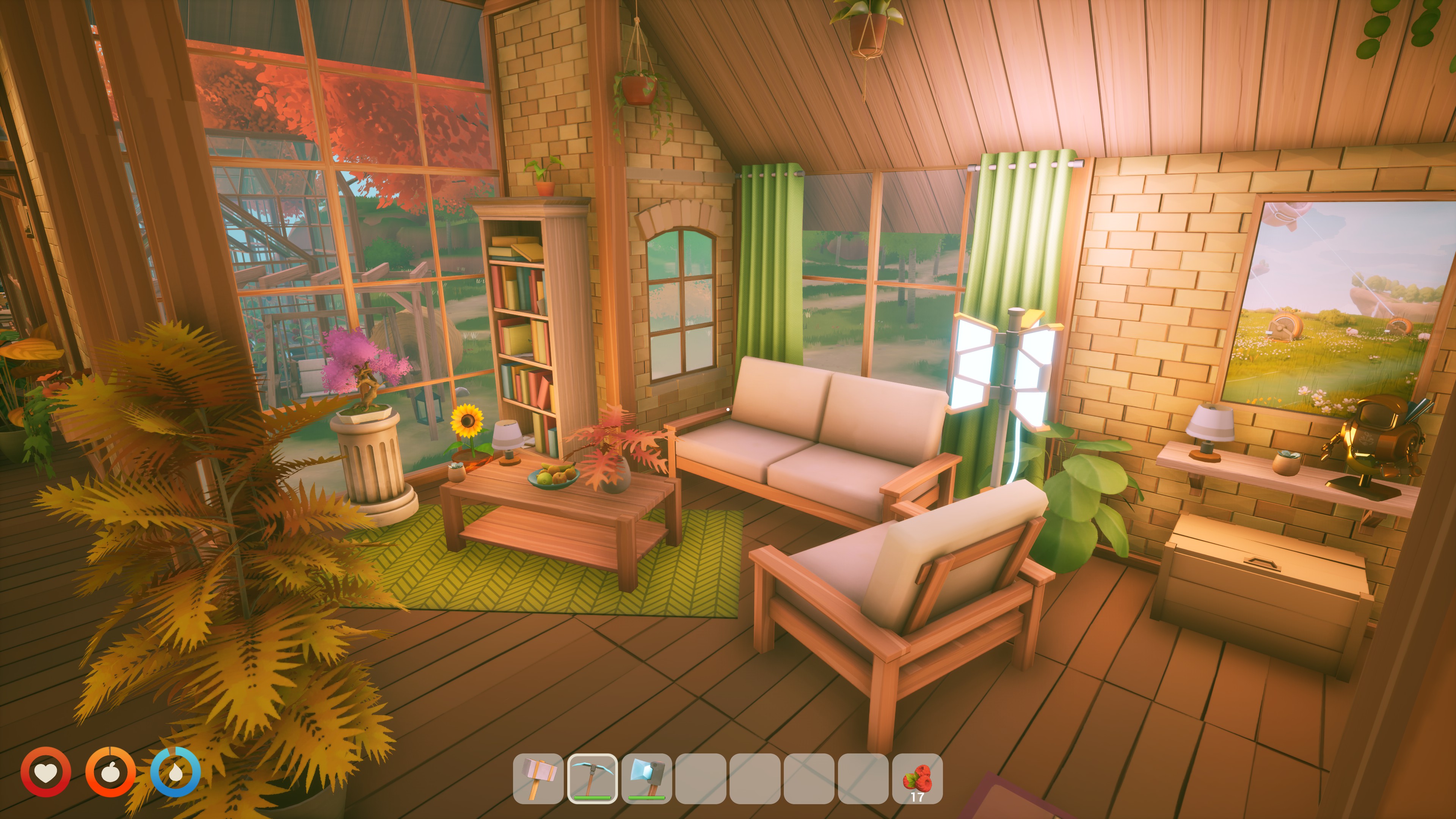 Decorated Solarpunk house interior with plants and warm lighting