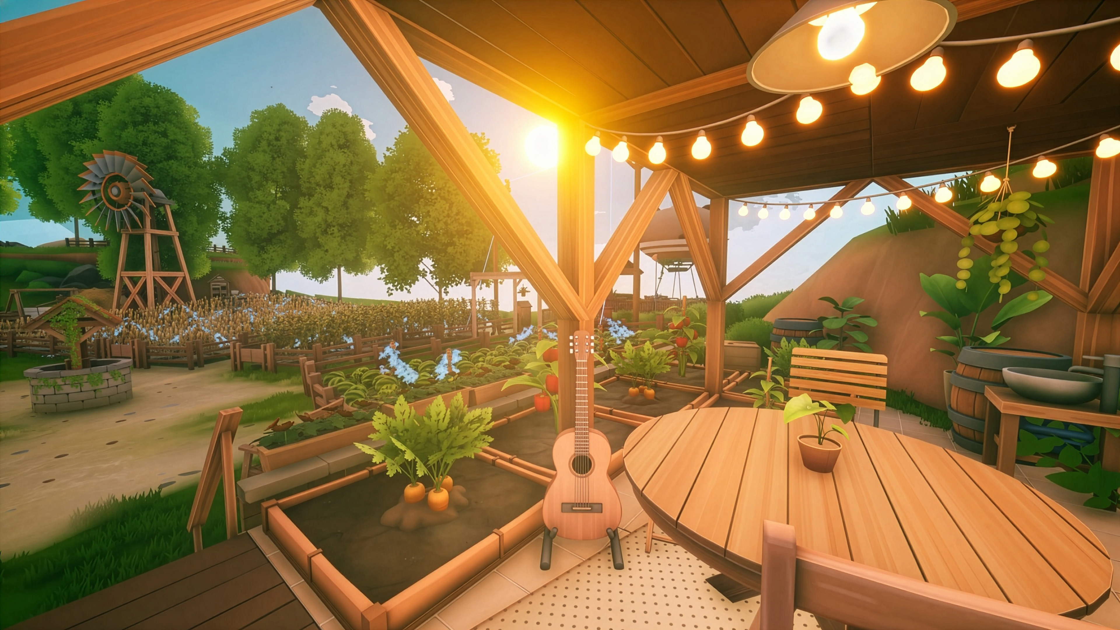 Cozy Solarpunk farm with planted crops and lights