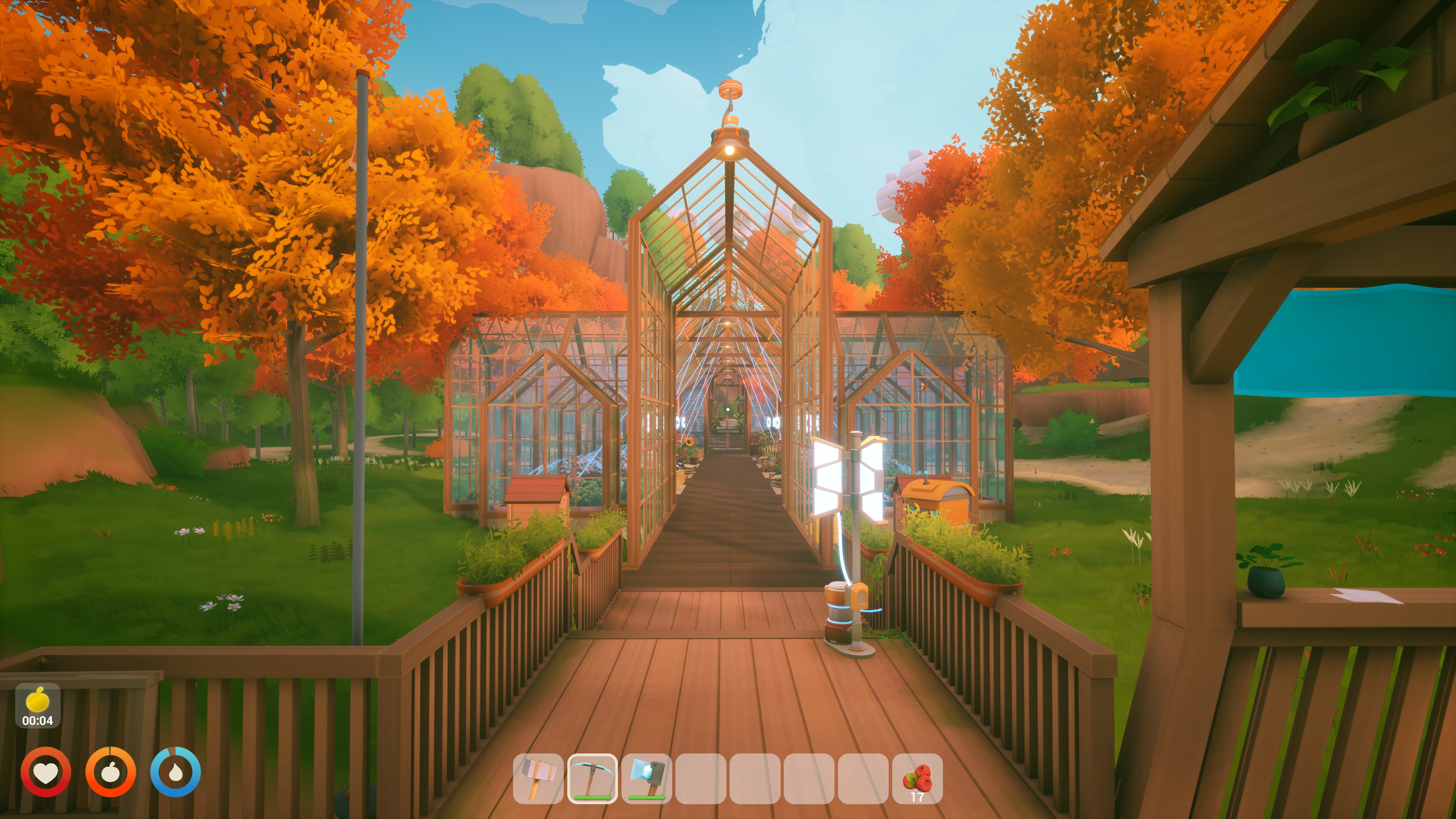 Solarpunk greenhouse in an autumn island base